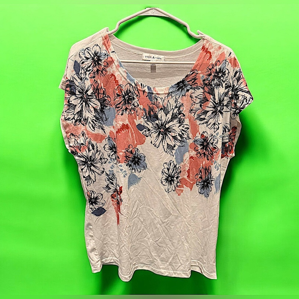 Stem & vine Women's Top with Floral Design - Pink and Blue white 1X